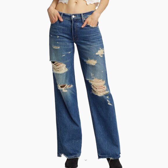 MOTHER Blue Distressed Wide Leg Jeans - Picture 3 of 16